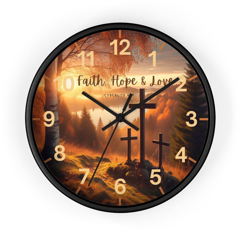 Faith, Hope & Love Wall Clock Print No. 9-113, Autumn Foliage Clock with Faith, Hope and Love written on clock face, Fall Foliage Clock.