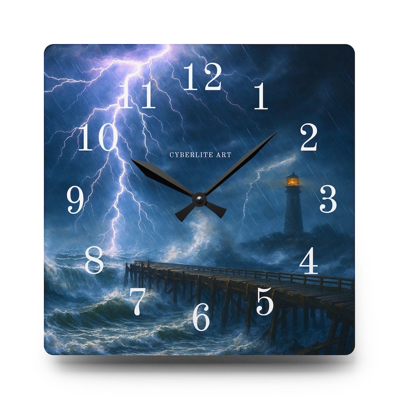 Stormy Carolina Lighthouse Acrylic Wall Clock

Bring the wild coastal sky into your room with this acrylic wall clock featuring the Stormy Carolina Lighthouse. The image captures a dramatic, wind-swept evening where waves press darkly against the rocks and the lighthouse beam slices through low clouds.