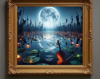 Surrealer Mondlicht Lotus Teich Druck: Violine, Kerzenlicht, Louisiana Kunst (Digitaler Download)