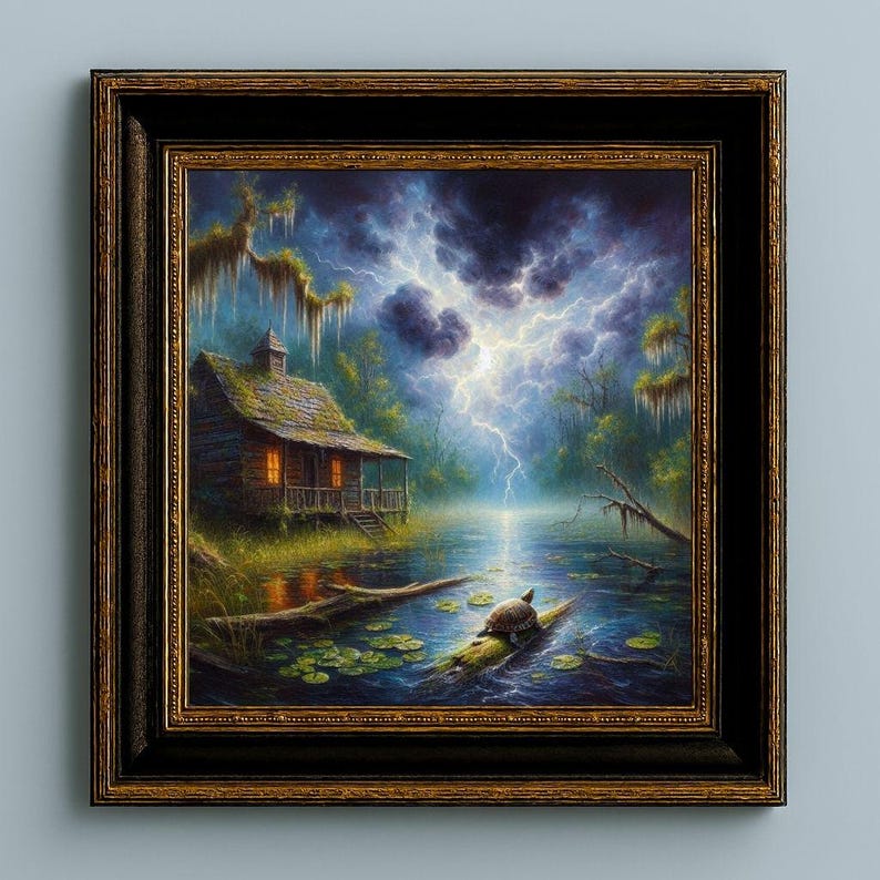27-007 | Stormy Swamp Print: Turtle in the Storm – Louisiana Bayou Thunderstorms oil painting print (Digital Download)

Capture the haunting beauty of a Louisiana swamp in this high-resolution digital print, “Turtle in the Storm.” A rustic cabin glows warmly against a backdrop of lightning-split skies, moss-draped trees, and tranquil waters. In the foreground, a turtle rests on a mossy log surrounded by lily pads, embodying resilience and calm amid nature’s fury.