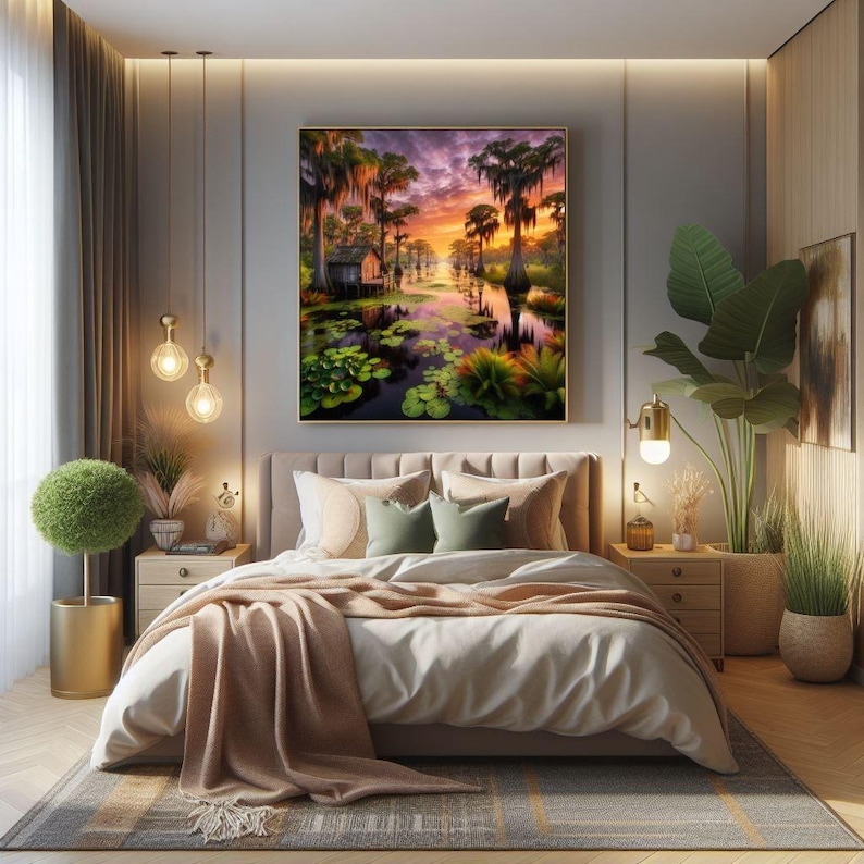 Poster | Louisiana Bayou Sunset Print: Swamp Art, Southern Landscape

This image captures the peaceful beauty of a Louisiana bayou at sunset. The sky is ablaze with rich hues of orange, pink, and purple, reflecting elegantly on the still water below. Towering cypress trees adorned with Spanish moss stand as silent sentinels, their reflections merging with the tranquil surroundings.