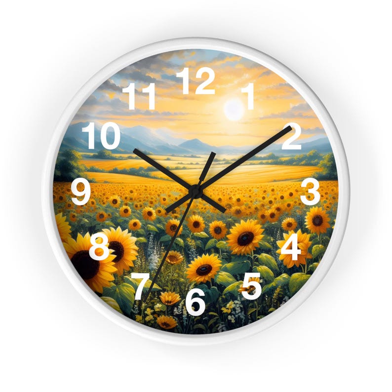 10" Sunflower Field Wall Clock - 10" Rustic Home Decor, Floral Home Decor, Rustic Kitchen Clock, Farmhouse Wall Art, Botanical Clock