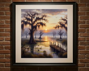 May include: A framed landscape painting depicting a swamp scene at sunset. The artwork features silhouetted trees, a wooden dock, and a body of water reflecting the warm colors of the sky. The painting is displayed on a brick wall.