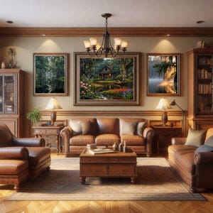 27-030 | Louisiana Bayou Art - Rustic Cabin Wall Print, Springtime on the bayou, (Digital Download). Step into the quiet beauty of a Louisiana spring morning with this richly detailed bayou art print. A rustic wooden cabin rests beside a calm pond surrounded by blooming hibiscus, lily pads, and moss-draped cypress trees.