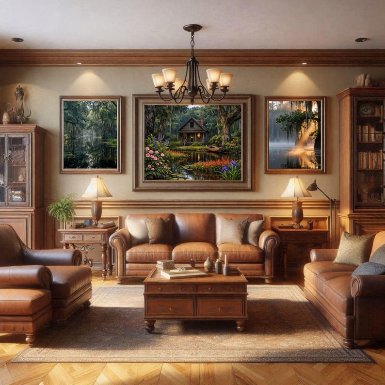 27-030 | Louisiana Bayou Art - Rustic Cabin Wall Print, Springtime on the bayou, (Digital Download). Step into the quiet beauty of a Louisiana spring morning with this richly detailed bayou art print. A rustic wooden cabin rests beside a calm pond surrounded by blooming hibiscus, lily pads, and moss-draped cypress trees.