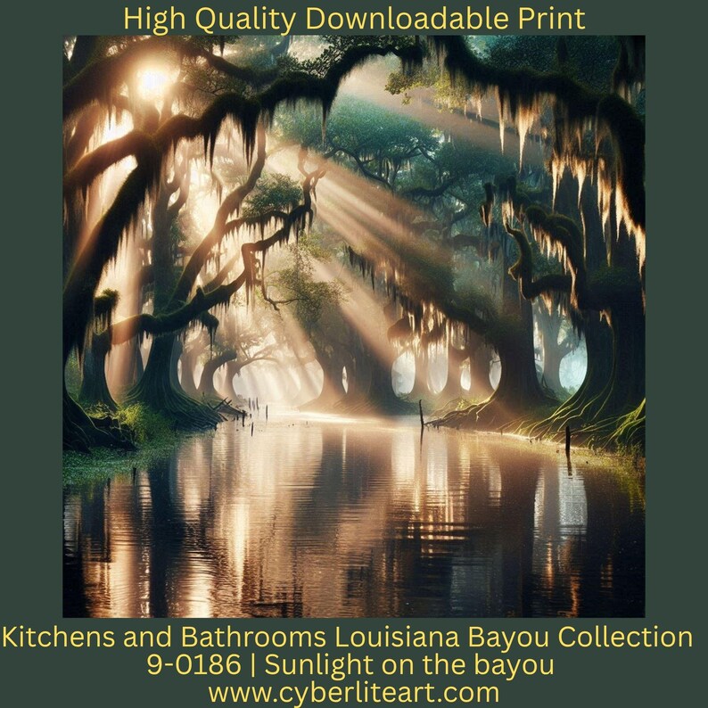 May include: Digital art print of a Louisiana bayou scene. Sunlight streams through the trees, reflecting on the water. The image includes the text "High Quality Downloadable Print" and "Kitchens and Bathrooms Louisiana Bayou Collection".