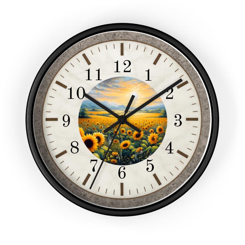Sunflower Field Wall Clock | Rustic Farmhouse Decor, Silent Movement