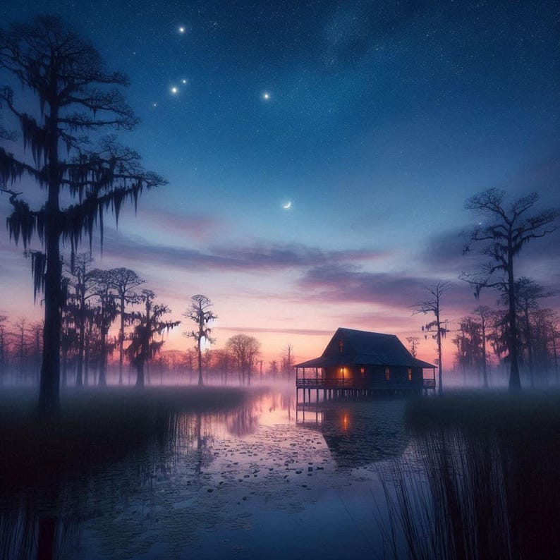 Louisiana Bayou Cabin Art – Mystical Cypress Swamp Twilight Print (Digital Download)