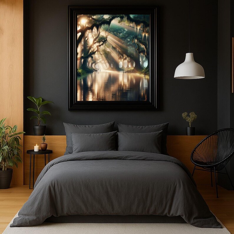 9-0186 | Printable Louisiana Art | Swamp Art | Louisiana Black Water - A captivating image of a tranquil Louisiana swamp, Original Art Print

Ethereal rays of sunlight pierce through a dense canopy of cypress trees, casting a golden glow over the tranquil waters of the Louisiana Bayou. In the distance, a rustic fishing cabin nestles softly amidst the trees, its silhouette blending harmoniously with the enchanting landscape.