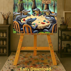 9-0178 | Printable Louisiana Art | Louisiana Swamp Art | Original Art Print | Gator Poker - Louisiana Alligators playing poker in a swamp.

The image depicts a whimsical scene of seven alligators gathered around a poker table in the middle of a swamp. The alligators are anthropomorphized, sitting on wooden chairs with their front legs resting on the table, holding poker chips and cards.