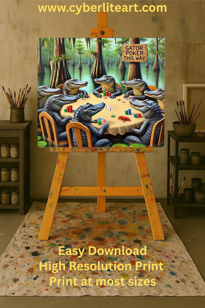 9-0178 | Printable Louisiana Art | Louisiana Swamp Art | Original Art Print | Gator Poker - Louisiana Alligators playing poker in a swamp.

The image depicts a whimsical scene of seven alligators gathered around a poker table in the middle of a swamp. The alligators are anthropomorphized, sitting on wooden chairs with their front legs resting on the table, holding poker chips and cards.