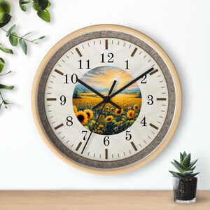 Sunflower Field Wall Clock | Rustic Farmhouse Decor, Silent Movement