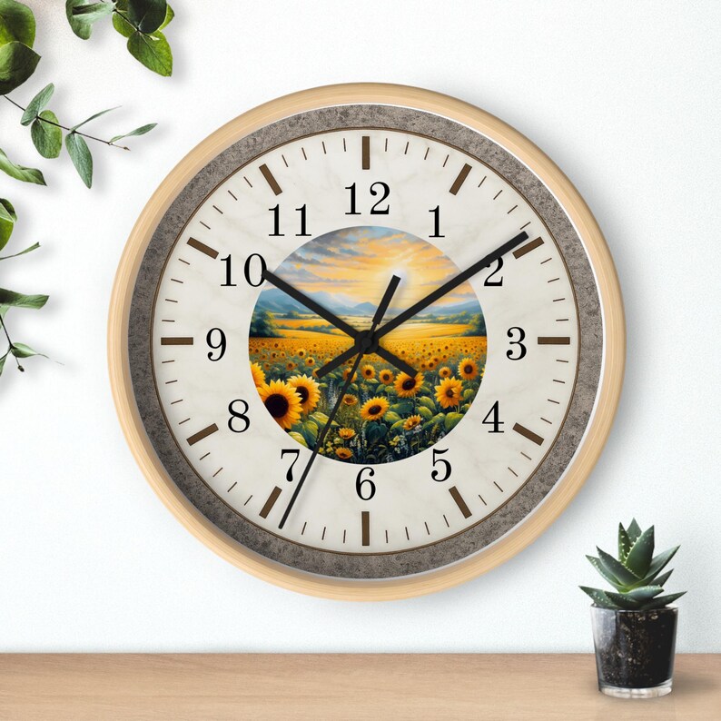 Sunflower Field Wall Clock | Rustic Farmhouse Decor, Silent Movement