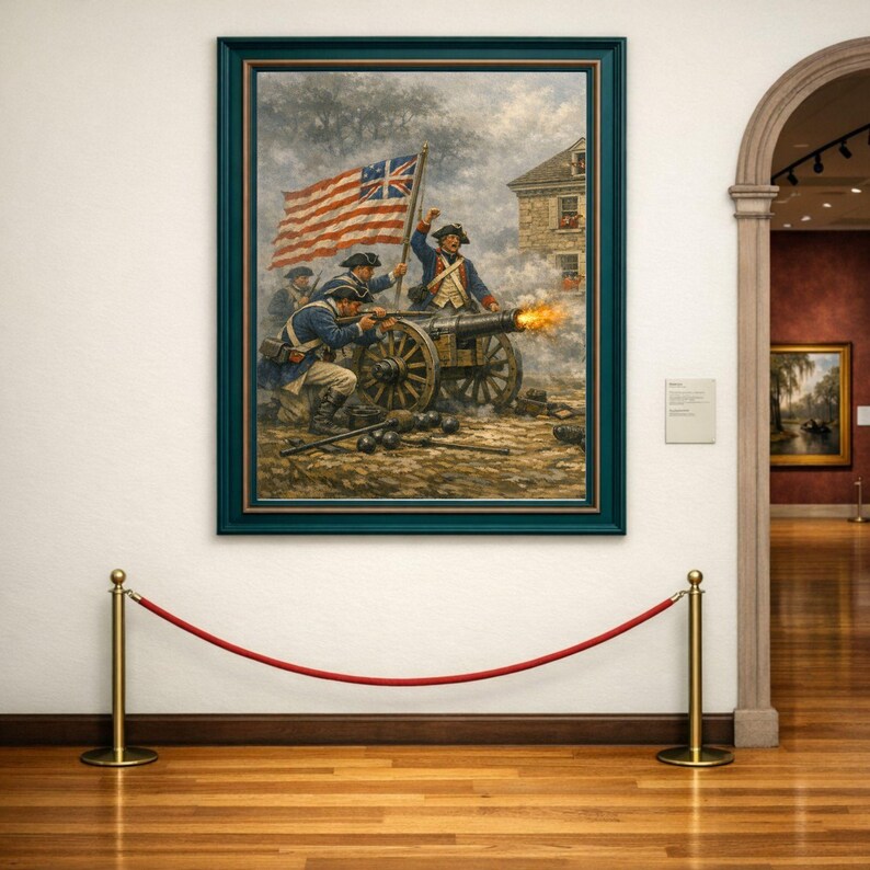 Poster | American Revolutionary Art | Battle of Germantown print.
Step back into the fog-shrouded fields of October 4, 1777, and witness the fierce, frustrating American assault on Cliveden—the Benjamin Chew House—during the pivotal Battle of Germantown in the American Revolutionary War. This museum-quality historical art print captures the dramatic chaos: Continental soldiers in blue coats charging through thick morning mist and gun smoke