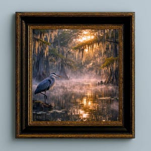 Poster | Louisiana Bayou Sunrise Print, Swamp Art, Southern Landscape, Nature Art, Tranquil Artwork

Step into the tranquil beauty of the Deep South with this atmospheric art print featuring a misty Louisiana swamp at sunrise. A majestic great blue heron stands poised on a mossy stump, its silhouette framed by golden light filtering through ancient cypress trees draped in Spanish moss. The still water mirrors the soft glow of dawn and scattered lily pads, creating a serene, dreamlike reflection.