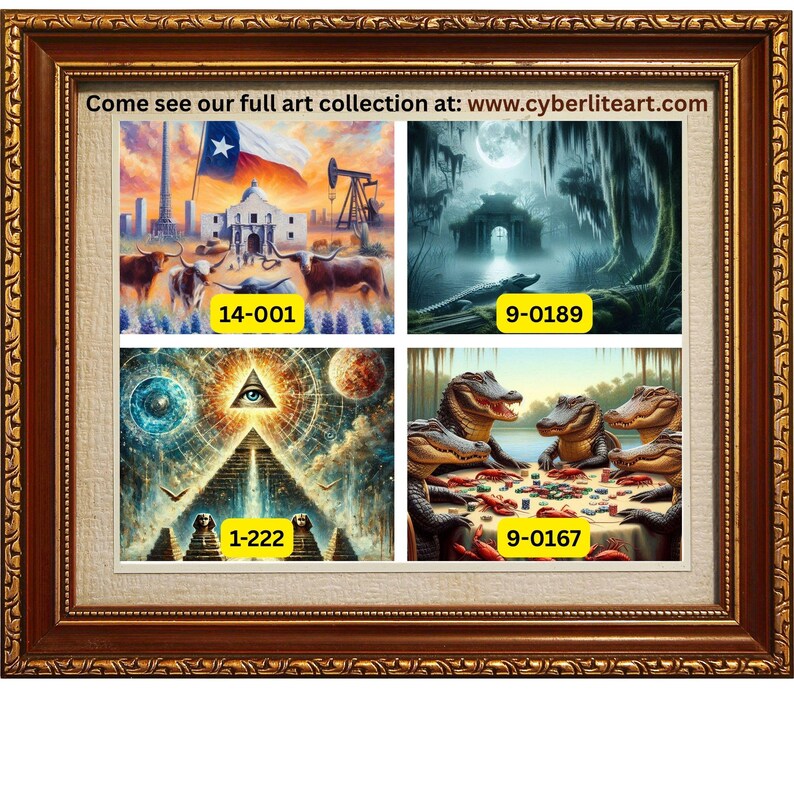 9-0178 | Printable Louisiana Art | Louisiana Swamp Art | Original Art Print | Gator Poker - Louisiana Alligators playing poker in a swamp.

The image depicts a whimsical scene of seven alligators gathered around a poker table in the middle of a swamp. The alligators are anthropomorphized, sitting on wooden chairs with their front legs resting on the table, holding poker chips and cards.