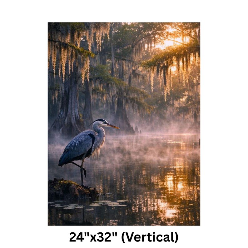 May include: A vertical print featuring a serene landscape with a great blue heron standing in a misty lake. The artwork showcases a vibrant sunrise, with Spanish moss hanging from the trees. The print measures 24" x 32".