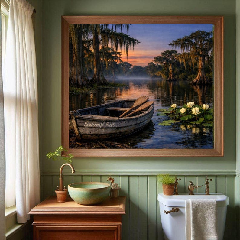 27-036 | Whispers of the Bayou | Louisiana bayou print, Southern Twilight Landscape Art (Digital Download)

A quiet hush settles over the Louisiana bayou as twilight drifts across still water. Mist rises between ancient cypress trees draped in long strands of Spanish moss, their reflections stretching across the glassy surface.