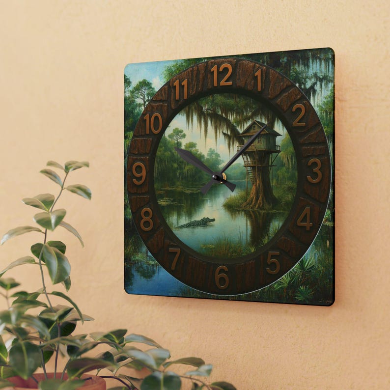 Louisiana Bayou Acrylic Wall Clock | 10.75 Inch Square Clock | Cajun and Swamp Country Decor | Tranquil Louisiana Swamp | Rustic Home Decor.