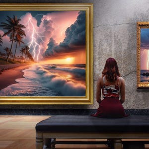 4-078 | Tropical Beach Storm Art Print | Lightning Sunset Ocean Wall Decor | Dramatic Seascape Photography.

Capture the raw beauty of nature with this stunning art print of a tropical beach storm. Vivid lightning bolts slash through towering storm clouds, illuminated by the warm glow of a golden sunset. Gentle waves crash against the shore as palm trees sway along the coast, adding serenity to the drama.