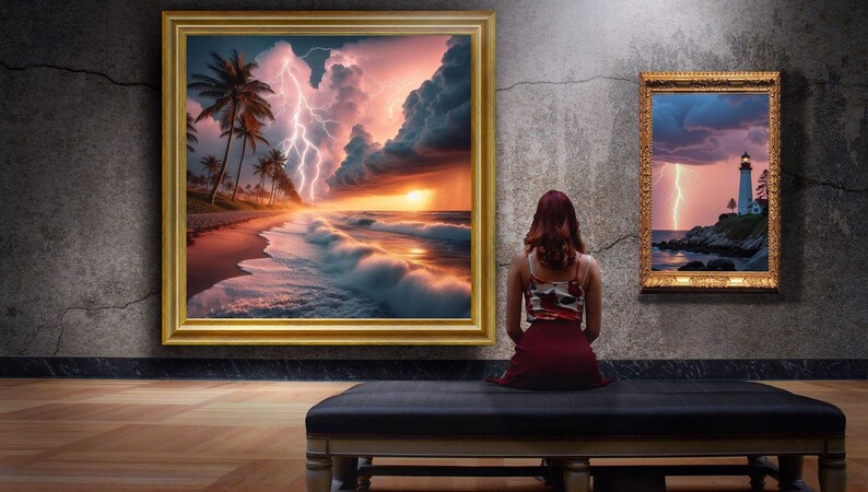 4-078 | Tropical Beach Storm Art Print | Lightning Sunset Ocean Wall Decor | Dramatic Seascape Photography.

Capture the raw beauty of nature with this stunning art print of a tropical beach storm. Vivid lightning bolts slash through towering storm clouds, illuminated by the warm glow of a golden sunset. Gentle waves crash against the shore as palm trees sway along the coast, adding serenity to the drama.