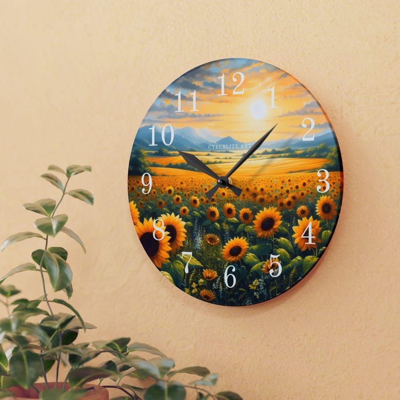 Sunflower Field Acrylic Wall Clock | Sunrise Landscape Art