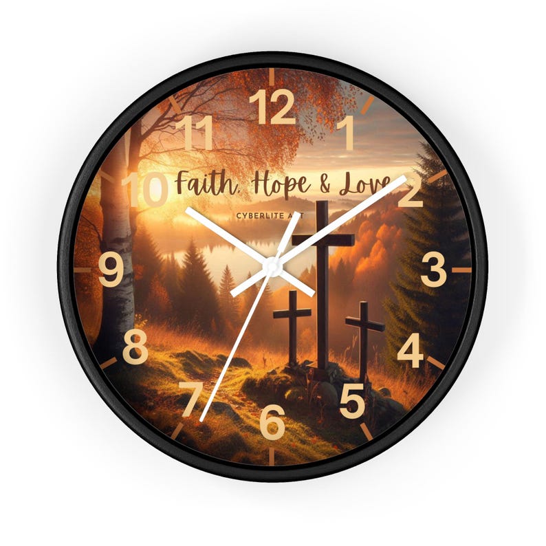 Faith, Hope & Love Wall Clock Print No. 9-113, Autumn Foliage Clock with Faith, Hope and Love written on clock face, Fall Foliage Clock.