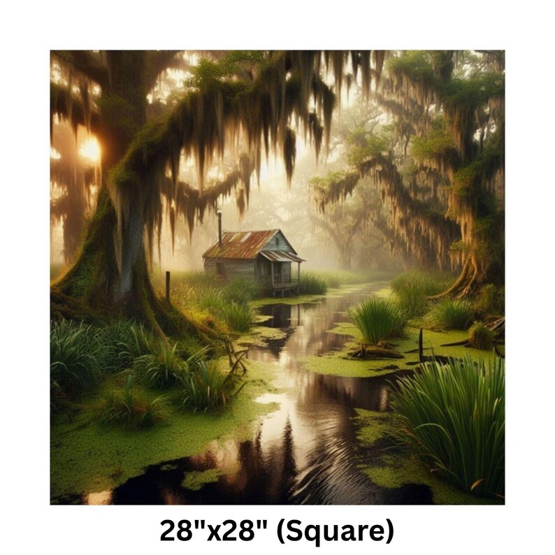 9-0128 | Louisiana Art | Southern Paradise - Rustic Louisiana Bayou Hideaway, Backwoods Bayou Art | Cajun Country Artwork. Poster printed on Museum-grade 300gsm satin paper will be shipped to your chosen address within the United States.

Bring the mysterious beauty of the Southern bayou into your home with this atmospheric art print featuring a rustic wooden cabin nestled in a misty swamp. Spanish moss drapes from ancient cypress trees as golden sunlight filters through the morning fog