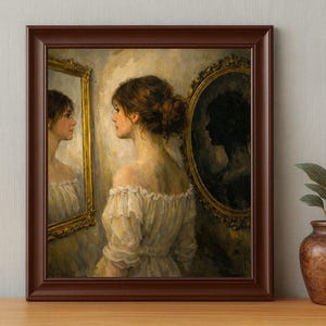 32-007 | Romantic Realism Wall Art | Woman in the Mirror – Symbolist Figurative Painting Print (Digital Download)

Step into the quiet beauty of Woman in the Mirror, a fine‑art print that captures the haunting duality of reflection and identity. Painted in a romantic realist style, this artwork portrays a young woman gazing into two mirrors — one bright and one shadowed — symbolizing light and introspection.
