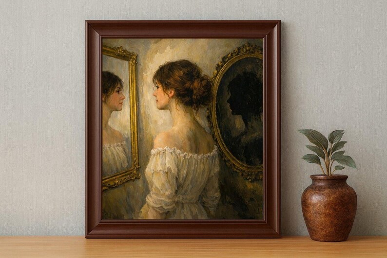 32-007 | Romantic Realism Wall Art | Woman in the Mirror – Symbolist Figurative Painting Print (Digital Download)

Step into the quiet beauty of Woman in the Mirror, a fine‑art print that captures the haunting duality of reflection and identity. Painted in a romantic realist style, this artwork portrays a young woman gazing into two mirrors — one bright and one shadowed — symbolizing light and introspection.