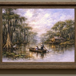 27-029 | Step into the peaceful heart of Louisiana with this tranquil swamp scene. “Life on the Swamp” captures the timeless beauty of a misty bayou at dusk, where a local couple glides quietly through the water in their wooden pirogue.