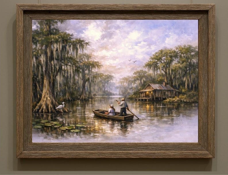 27-029 | Step into the peaceful heart of Louisiana with this tranquil swamp scene. “Life on the Swamp” captures the timeless beauty of a misty bayou at dusk, where a local couple glides quietly through the water in their wooden pirogue.