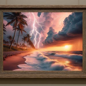 4-078 | Tropical Beach Storm Art Print | Lightning Sunset Ocean Wall Decor | Dramatic Seascape Photography.

Capture the raw beauty of nature with this stunning art print of a tropical beach storm. Vivid lightning bolts slash through towering storm clouds, illuminated by the warm glow of a golden sunset. Gentle waves crash against the shore as palm trees sway along the coast, adding serenity to the drama.