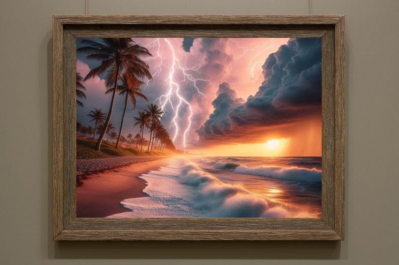 4-078 | Tropical Beach Storm Art Print | Lightning Sunset Ocean Wall Decor | Dramatic Seascape Photography.

Capture the raw beauty of nature with this stunning art print of a tropical beach storm. Vivid lightning bolts slash through towering storm clouds, illuminated by the warm glow of a golden sunset. Gentle waves crash against the shore as palm trees sway along the coast, adding serenity to the drama.