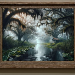 Rustic Bayou Cabin Print – Misty Swamp Wall Art, Cypress Trees, Southern Landscape Decor (Digital Download)