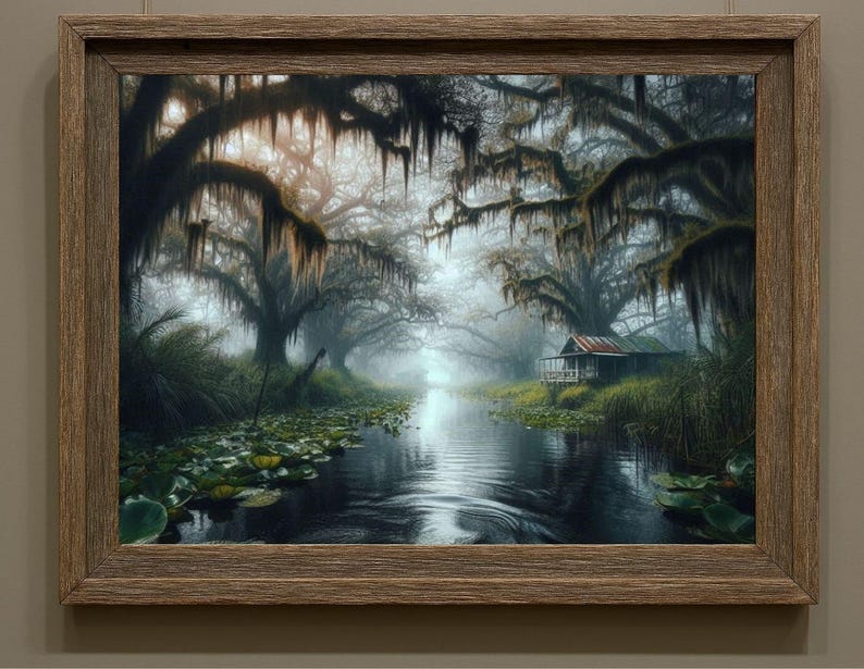 Rustic Bayou Cabin Print – Misty Swamp Wall Art, Cypress Trees, Southern Landscape Decor (Digital Download)