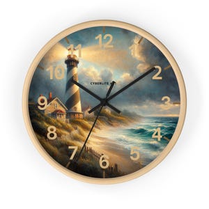 Bring the calm of the shoreline into your home with this beautifully detailed Coastal Lighthouse Wall Clock. The clock face features a serene seaside scene: a classic striped lighthouse standing tall beside a cozy coastal cottage, waves rolling gently onto the shore, and sunlight breaking through soft clouds. It’s a peaceful moment frozen in time — perfect for anyone who feels at home by the water.