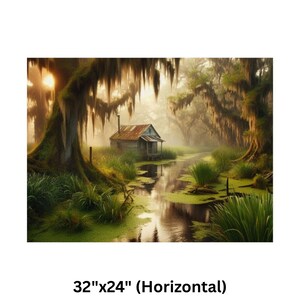 9-0128 | Louisiana Art | Southern Paradise - Rustic Louisiana Bayou Hideaway, Backwoods Bayou Art | Cajun Country Artwork. Poster printed on Museum-grade 300gsm satin paper will be shipped to your chosen address within the United States.

Bring the mysterious beauty of the Southern bayou into your home with this atmospheric art print featuring a rustic wooden cabin nestled in a misty swamp. Spanish moss drapes from ancient cypress trees as golden sunlight filters through the morning fog