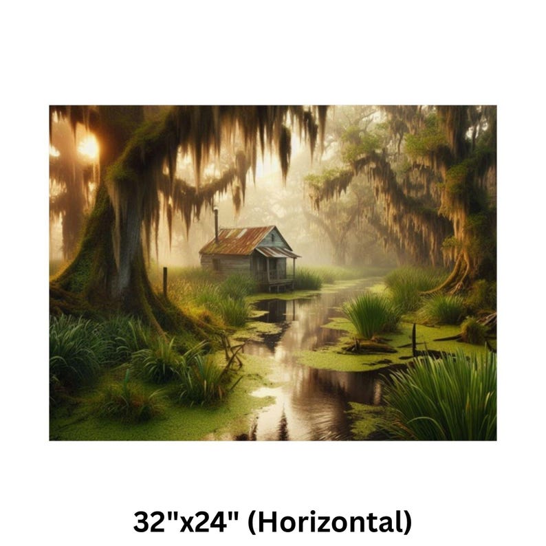 9-0128 | Louisiana Art | Southern Paradise - Rustic Louisiana Bayou Hideaway, Backwoods Bayou Art | Cajun Country Artwork. Poster printed on Museum-grade 300gsm satin paper will be shipped to your chosen address within the United States.

Bring the mysterious beauty of the Southern bayou into your home with this atmospheric art print featuring a rustic wooden cabin nestled in a misty swamp. Spanish moss drapes from ancient cypress trees as golden sunlight filters through the morning fog