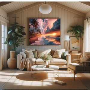 4-078 | Tropical Beach Storm Art Print | Lightning Sunset Ocean Wall Decor | Dramatic Seascape Photography.

Capture the raw beauty of nature with this stunning art print of a tropical beach storm. Vivid lightning bolts slash through towering storm clouds, illuminated by the warm glow of a golden sunset. Gentle waves crash against the shore as palm trees sway along the coast, adding serenity to the drama.