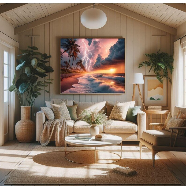 4-078 | Tropical Beach Storm Art Print | Lightning Sunset Ocean Wall Decor | Dramatic Seascape Photography.

Capture the raw beauty of nature with this stunning art print of a tropical beach storm. Vivid lightning bolts slash through towering storm clouds, illuminated by the warm glow of a golden sunset. Gentle waves crash against the shore as palm trees sway along the coast, adding serenity to the drama.