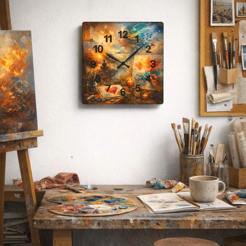Abstract Art Collage Acrylic Wall Clock – Painter’s Studio Decor, Meditation & Music Art Timepiece

Bring creativity and calm into your space with the Dreamy Artist Collage Acrylic Wall Clock, a museum‑quality timepiece blending surreal artistry and functional design. Featuring a vivid collage of a meditating figure, paintbrushes, candles, and swirling color energy, this clock transforms any studio, gallery, or home office into an inspiring sanctuary.