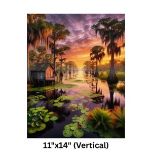 Poster | Louisiana Bayou Sunset Print: Swamp Art, Southern Landscape

This image captures the peaceful beauty of a Louisiana bayou at sunset. The sky is ablaze with rich hues of orange, pink, and purple, reflecting elegantly on the still water below. Towering cypress trees adorned with Spanish moss stand as silent sentinels, their reflections merging with the tranquil surroundings.