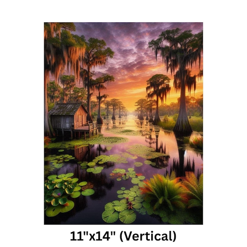Poster | Louisiana Bayou Sunset Print: Swamp Art, Southern Landscape

This image captures the peaceful beauty of a Louisiana bayou at sunset. The sky is ablaze with rich hues of orange, pink, and purple, reflecting elegantly on the still water below. Towering cypress trees adorned with Spanish moss stand as silent sentinels, their reflections merging with the tranquil surroundings.