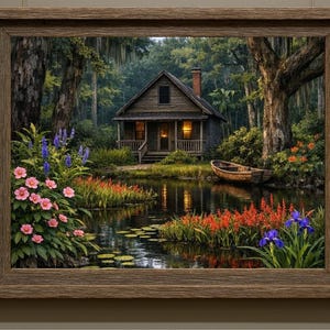 27-030 | Louisiana Bayou Art - Rustic Cabin Wall Print, Springtime on the bayou, (Digital Download). Step into the quiet beauty of a Louisiana spring morning with this richly detailed bayou art print. A rustic wooden cabin rests beside a calm pond surrounded by blooming hibiscus, lily pads, and moss-draped cypress trees.