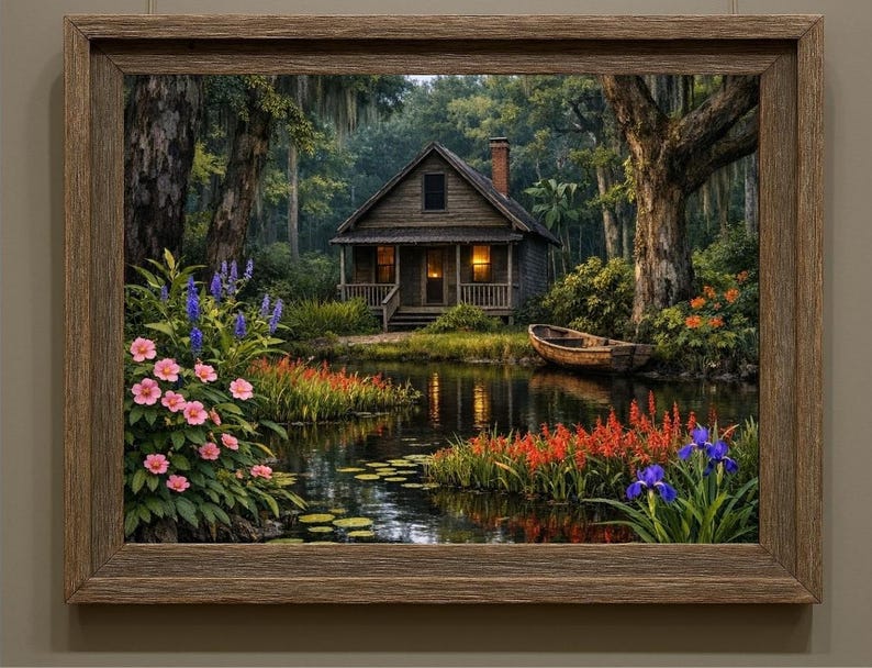 27-030 | Louisiana Bayou Art - Rustic Cabin Wall Print, Springtime on the bayou, (Digital Download). Step into the quiet beauty of a Louisiana spring morning with this richly detailed bayou art print. A rustic wooden cabin rests beside a calm pond surrounded by blooming hibiscus, lily pads, and moss-draped cypress trees.