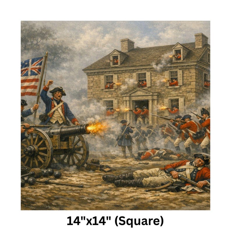 May include: Square canvas print showing a historical battle scene. A cannon fires, soldiers in blue and red uniforms fight near a stone building. The image includes a flag and the text "14"x14" (Square)". The print measures 35.56cm x 35.56cm.