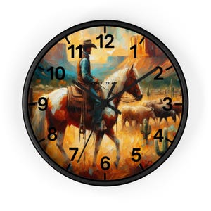 Wandklok Texas Cowboy on Horse - rustiek zuidwestelijk decor afbeelding 1