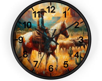 Texas Cowboy on Horse Wall Clock - Rustic Southwestern Decor