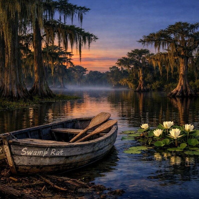27-036 | Whispers of the Bayou | Louisiana bayou print, Southern Twilight Landscape Art (Digital Download)

A quiet hush settles over the Louisiana bayou as twilight drifts across still water. Mist rises between ancient cypress trees draped in long strands of Spanish moss, their reflections stretching across the glassy surface.